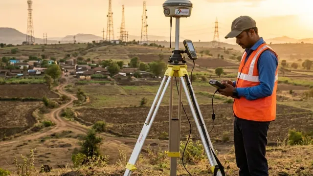Field surveyor operating a differential GPS unit at dusk
