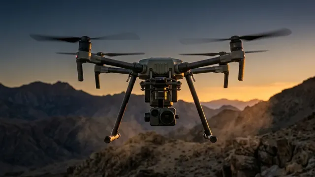 Multirotor military drone hovering low over rocky mountain terrain at dusk