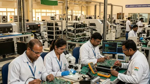 Indian PCB assembly facility with technicians and national flag