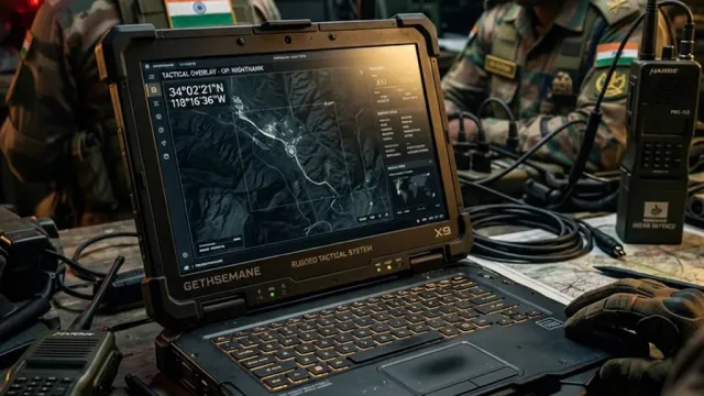 Indian Army rugged tactical laptop with mapping overlay in a field command post