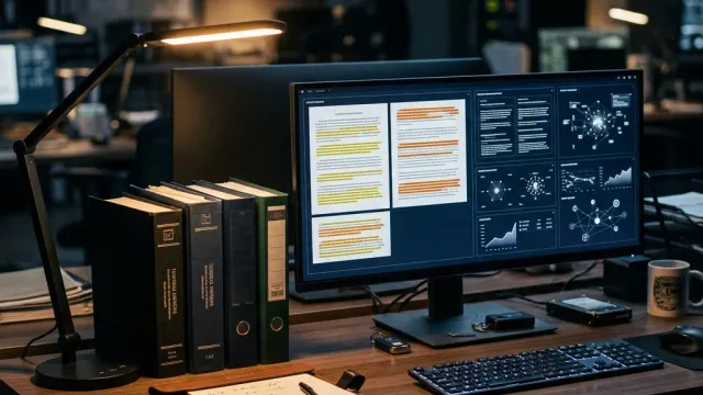 Operations desk with bound technical manuals and widescreen monitor displaying highlighted document intelligence analysis