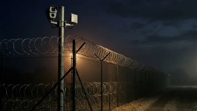 High-security perimeter fence with concertina wire and pole-mounted optical and radar surveillance cameras at night